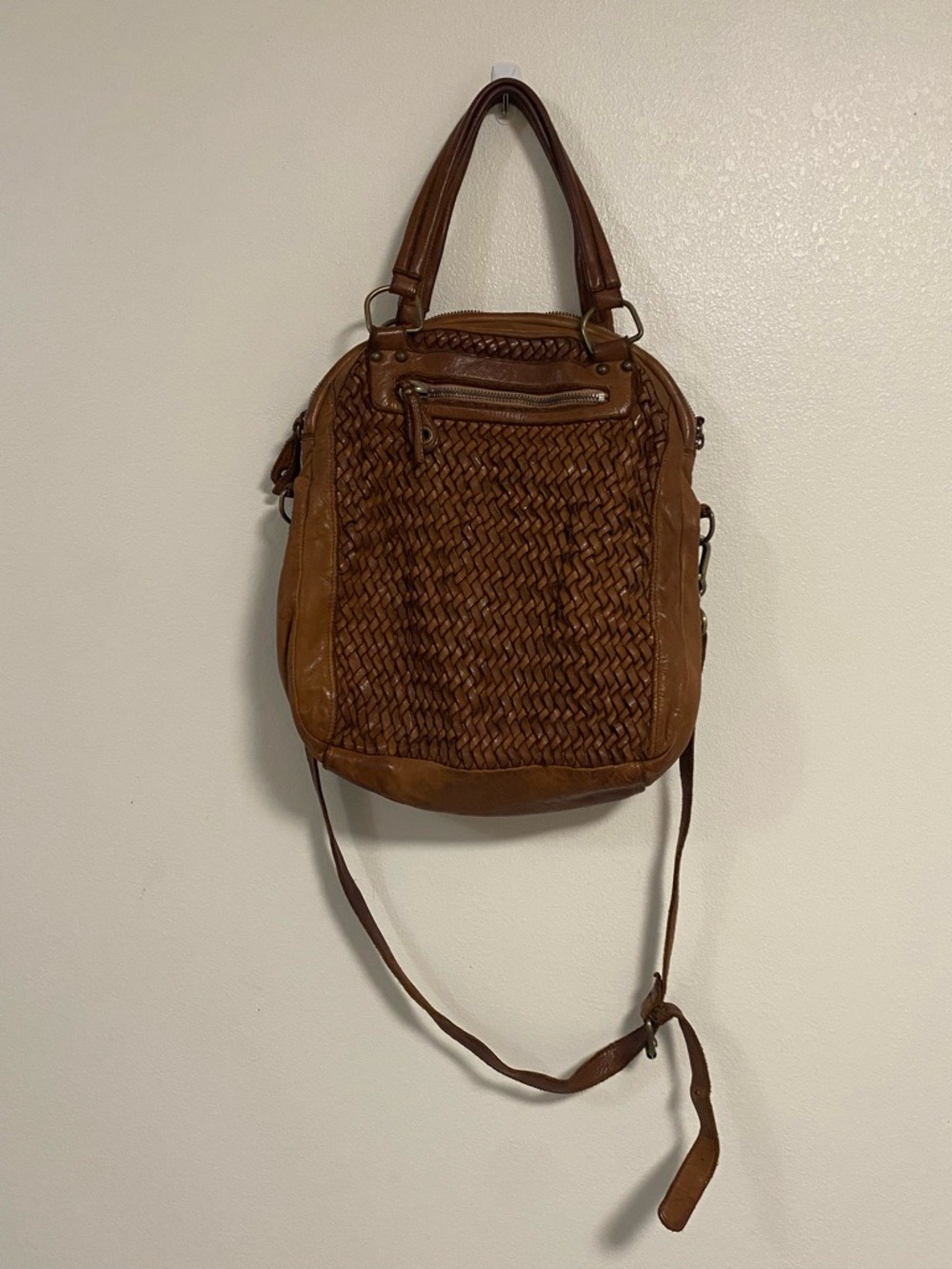 Errelleventidue Crossbody Bag Brown Lattice Woven Leather Tote Shoulder Bag FLAW